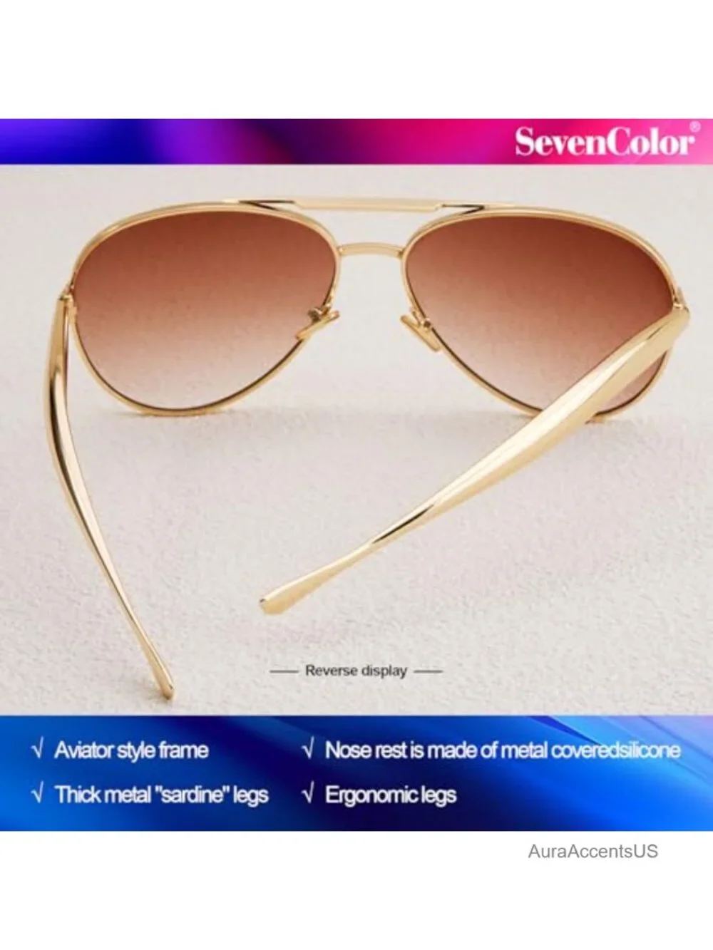 Oversized Aviator Sunglasses Gold Tone Metal UV400 Retro 70s Pilot Shades